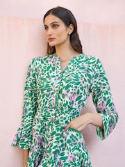 Yumi Green Viscose Ikat Print 3/4 Sleeve Tunic Dress - Image 3 of 5
