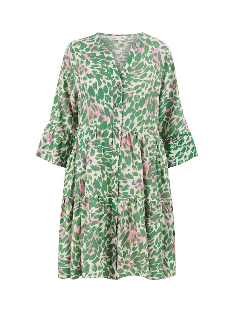 Yumi Green Viscose Ikat Print 3/4 Sleeve Tunic Dress - Image 5 of 5
