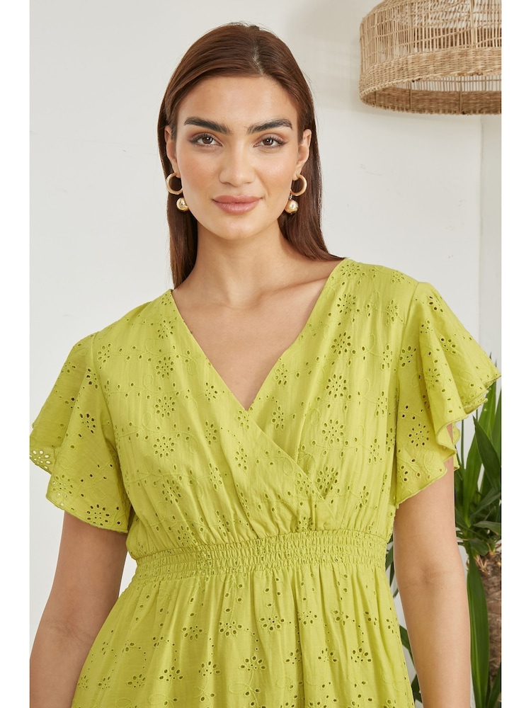 Yumi Green Cotton Broderie Anglaise Wrap Midi Dress - Image 3 of 5