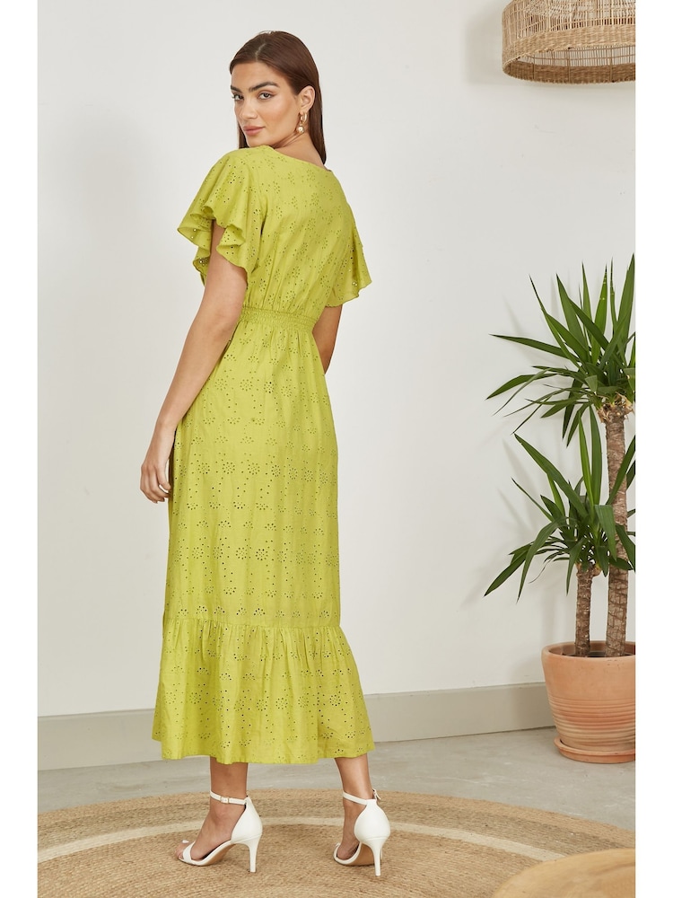 Yumi Green Cotton Broderie Anglaise Wrap Midi Dress - Image 4 of 5