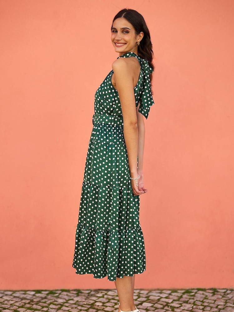Yumi Green Spot Print Halter Midi Dress With Matching Belt - Image 3 of 5
