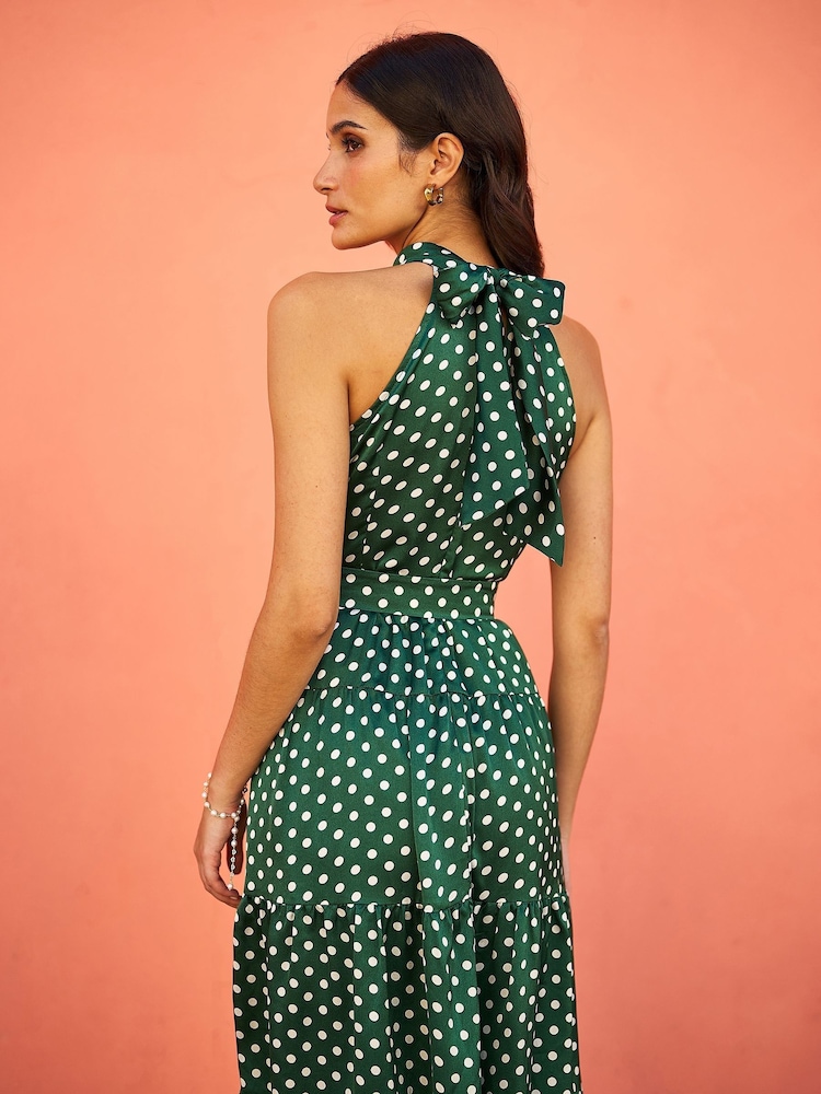 Yumi Green Spot Print Halter Midi Dress With Matching Belt - Image 4 of 5