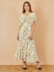 Yumi Natural Floral Print Ruched Waist Midi Dress With Kimono Sleeves - Image 1 of 5