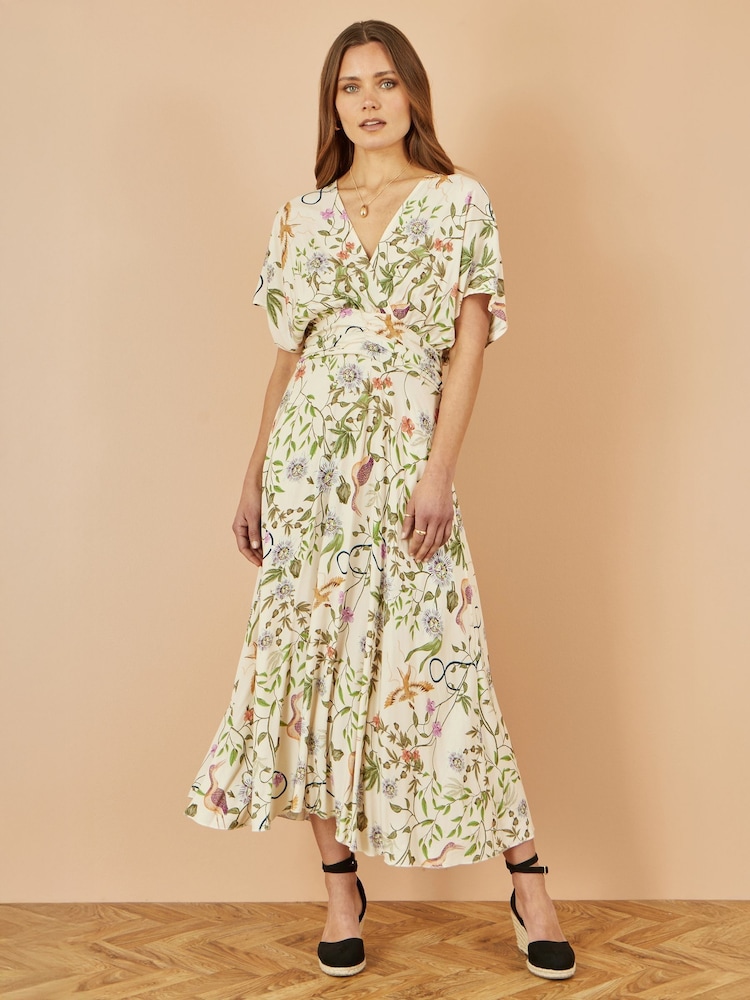Yumi Natural Floral Print Ruched Waist Midi Dress With Kimono Sleeves - Image 1 of 5