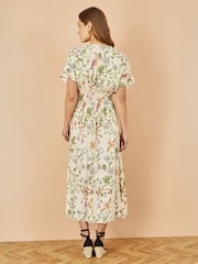 Yumi Natural Floral Print Ruched Waist Midi Dress With Kimono Sleeves - Image 2 of 5