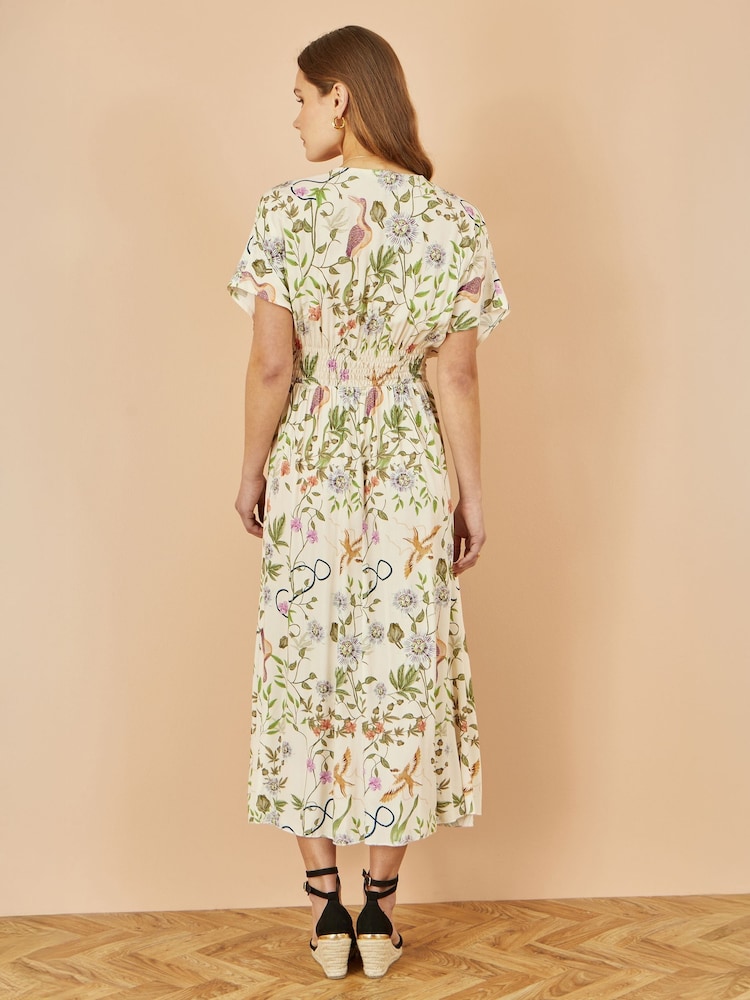 Yumi Natural Floral Print Ruched Waist Midi Dress With Kimono Sleeves - Image 2 of 5