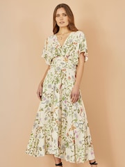 Yumi Natural Floral Print Ruched Waist Midi Dress With Kimono Sleeves - Image 3 of 5