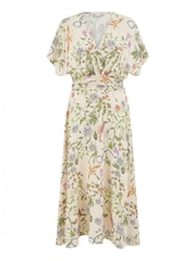 Yumi Natural Floral Print Ruched Waist Midi Dress With Kimono Sleeves - Image 5 of 5