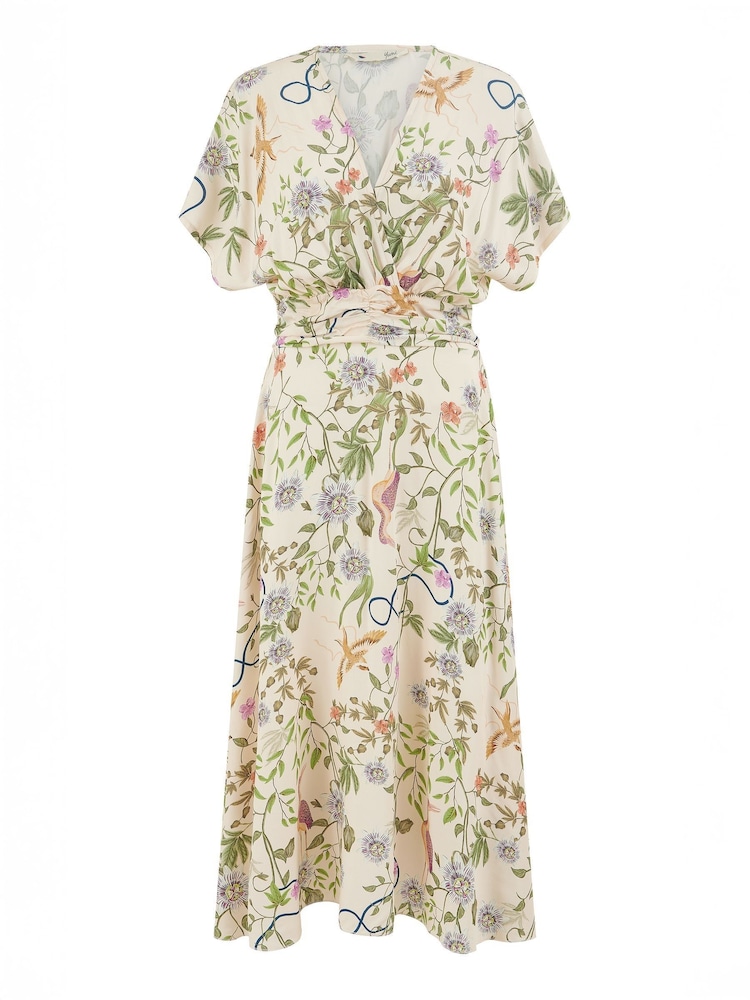 Yumi Natural Floral Print Ruched Waist Midi Dress With Kimono Sleeves - Image 5 of 5