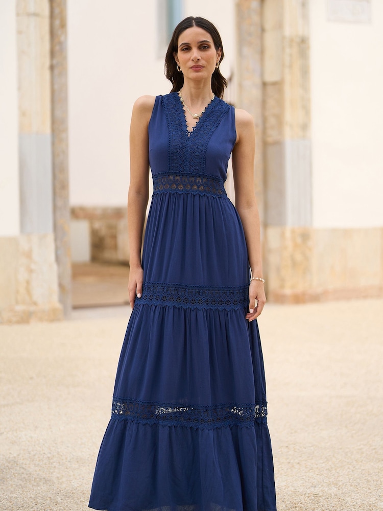 Yumi Blue Lace Trim Sun Dress - Image 1 of 5