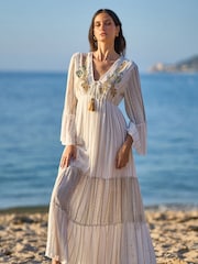 Yumi White Metallic Embellished Maxi Dress With Long Sleeves - Image 1 of 5