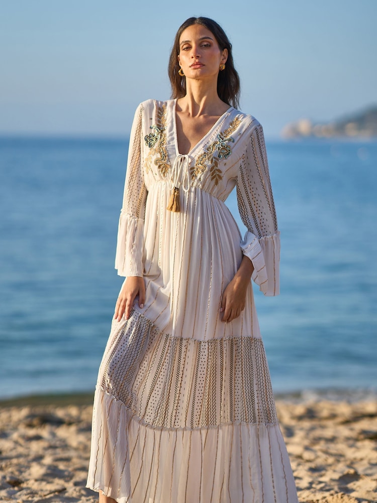 Yumi White Metallic Embellished Maxi Dress With Long Sleeves - Image 1 of 5