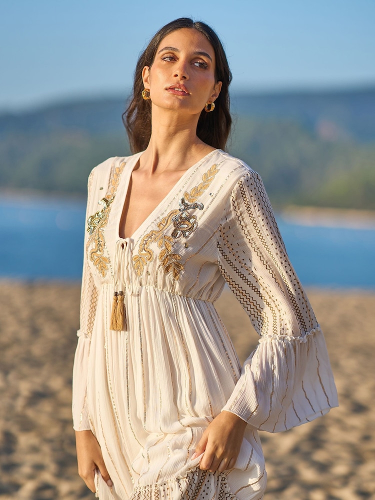 Yumi White Metallic Embellished Maxi Dress With Long Sleeves - Image 2 of 5