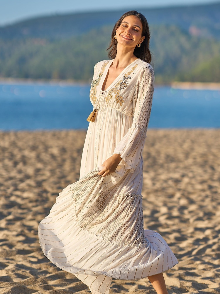 Buy Yumi White Metallic Embellished Maxi Dress With Long Sleeves
