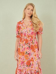 Yumi Pink Floral Midi Dress With Frill Hem and Puff Sleeves - Image 1 of 5