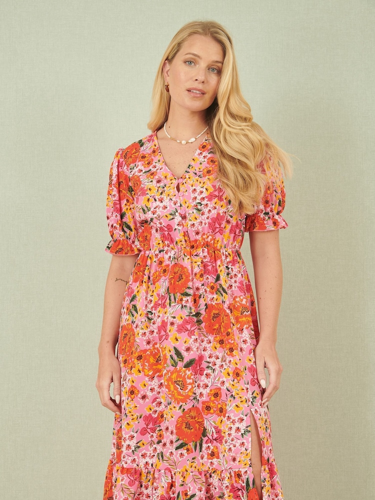 Yumi Pink Floral Midi Dress With Frill Hem and Puff Sleeves - Image 1 of 5