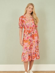 Yumi Pink Floral Midi Dress With Frill Hem and Puff Sleeves - Image 2 of 5