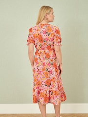 Yumi Pink Floral Midi Dress With Frill Hem and Puff Sleeves - Image 4 of 5