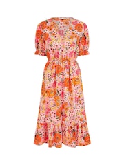 Yumi Pink Floral Midi Dress With Frill Hem and Puff Sleeves - Image 5 of 5