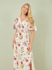 Yumi Cream Floral Fabric Ruched Waist Midi Dress - Image 1 of 4