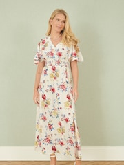 Yumi Cream Floral Fabric Ruched Waist Midi Dress - Image 2 of 4