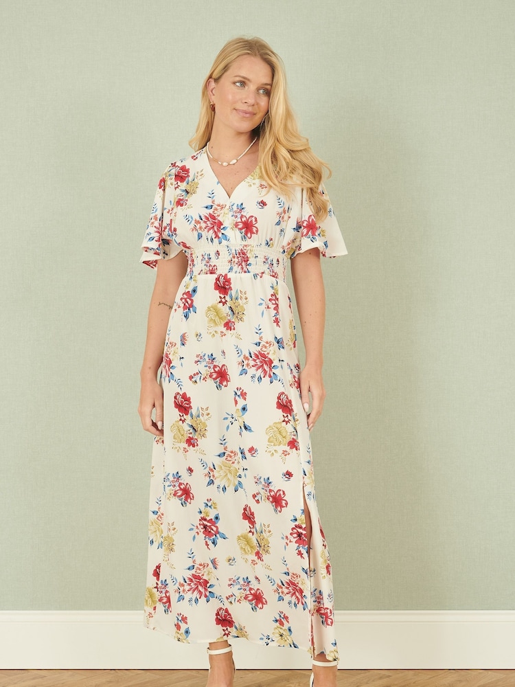 Yumi Cream Floral Fabric Ruched Waist Midi Dress - Image 2 of 4