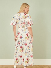 Yumi Cream Floral Fabric Ruched Waist Midi Dress - Image 3 of 4