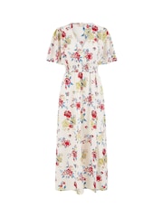 Yumi Cream Floral Fabric Ruched Waist Midi Dress - Image 4 of 4