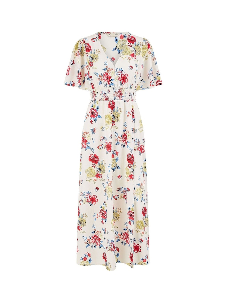 Yumi Cream Floral Fabric Ruched Waist Midi Dress - Image 4 of 4