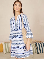 Yumi Blue Tencel Geo Stripe Print Beach Tunic - Image 1 of 5