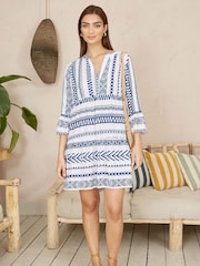 Yumi Blue Tencel Geo Stripe Print Beach Tunic - Image 2 of 5