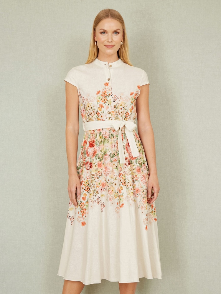 Yumi Cream Blend Floral Mirrored Placement Skater Dress - Image 1 of 5
