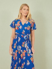 Yumi Blue Floral Pleated Wrap Dress - Image 1 of 4
