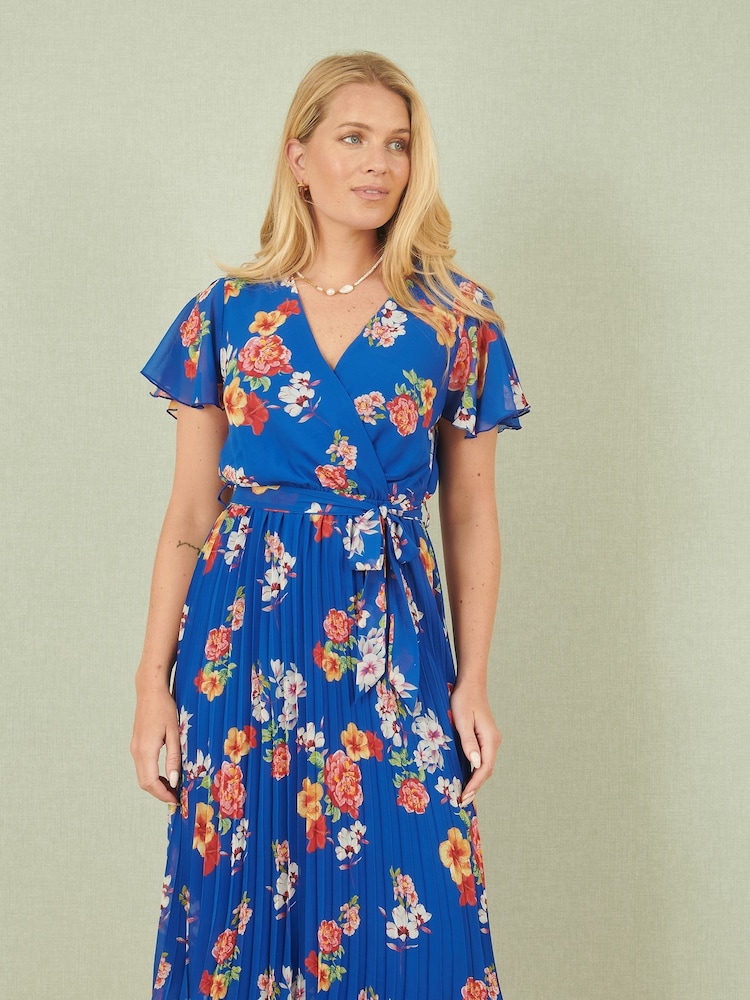 Yumi Blue Floral Pleated Wrap Dress - Image 1 of 4