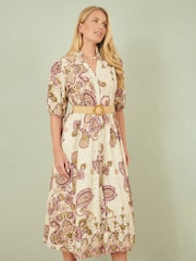 Yumi Pink Paisley Print Broderie Anglaise 100% Cotton Midi Dress - Image 1 of 5