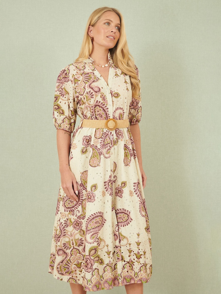 Yumi Pink Paisley Print Broderie Anglaise 100% Cotton Midi Dress - Image 1 of 5