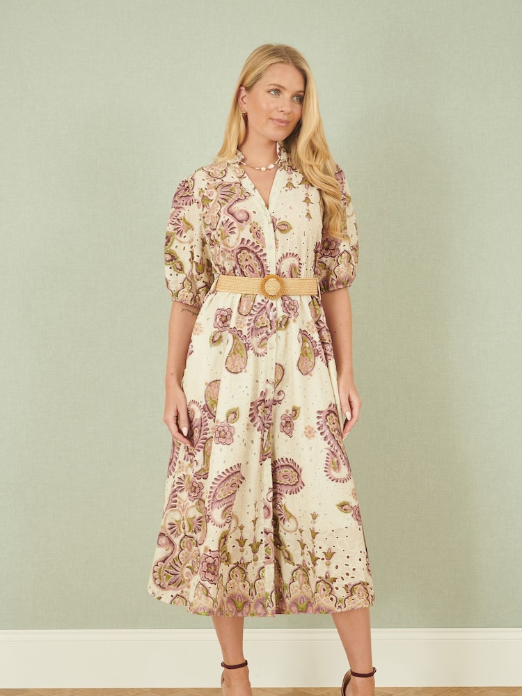 Yumi Pink Paisley Print Broderie Anglaise 100% Cotton Midi Dress - Image 2 of 5