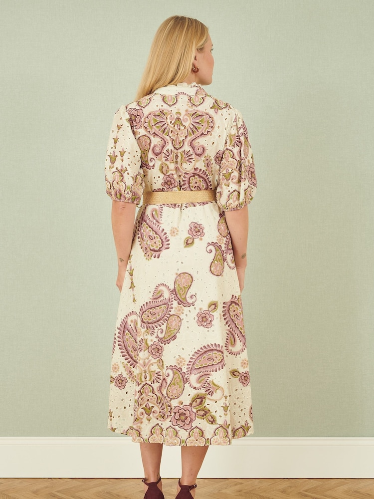 Yumi Pink Paisley Print Broderie Anglaise 100% Cotton Midi Dress - Image 4 of 5