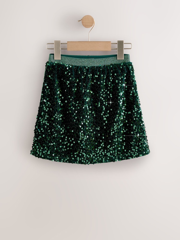 Green Velour Sequin Skirt (3-16yrs) - Image 1 of 4 Green Velour Sequin Skirt (3-16yrs) - Image 1 of 4