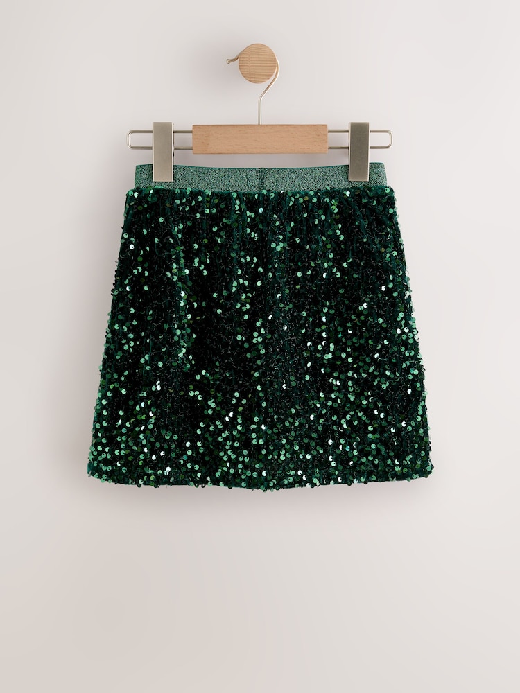 Green Velour Sequin Skirt (3-16yrs) - Image 2 of 4 Green Velour Sequin Skirt (3-16yrs) - Image 2 of 4