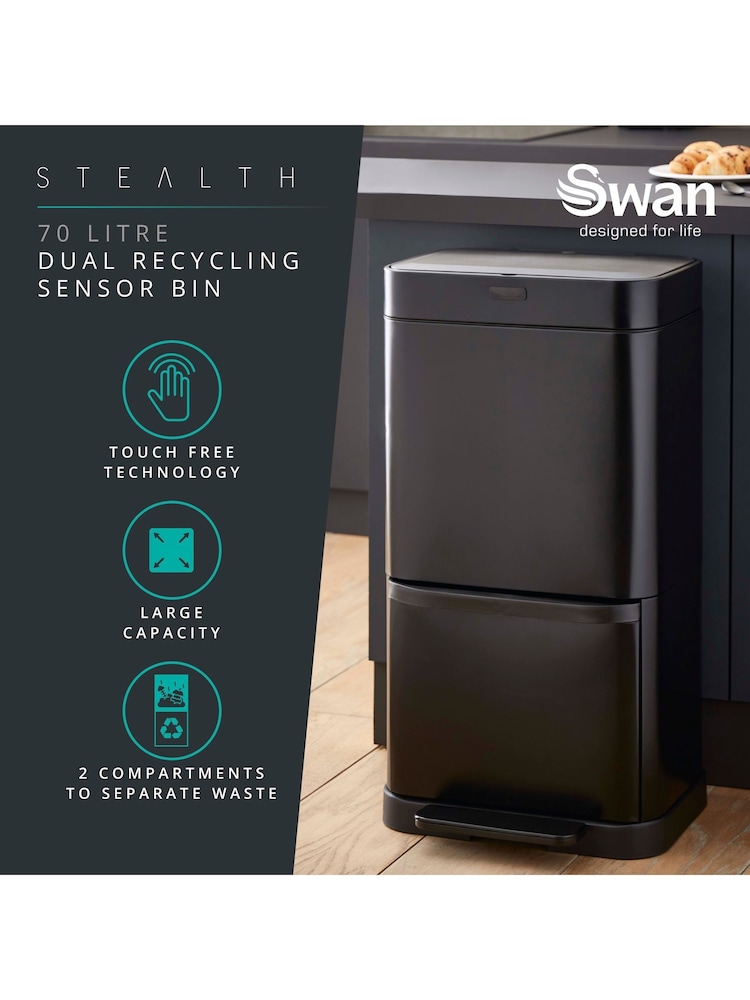 Swan Black Stealth Dual Recycling Sensor Bin with Retainer Body - Image 2 of 9