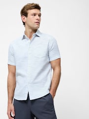 French Connection Blue 100% Cotton Waffle Style Short Sleeve Chest Pocket Button Up Shirt - Image 1 of 4