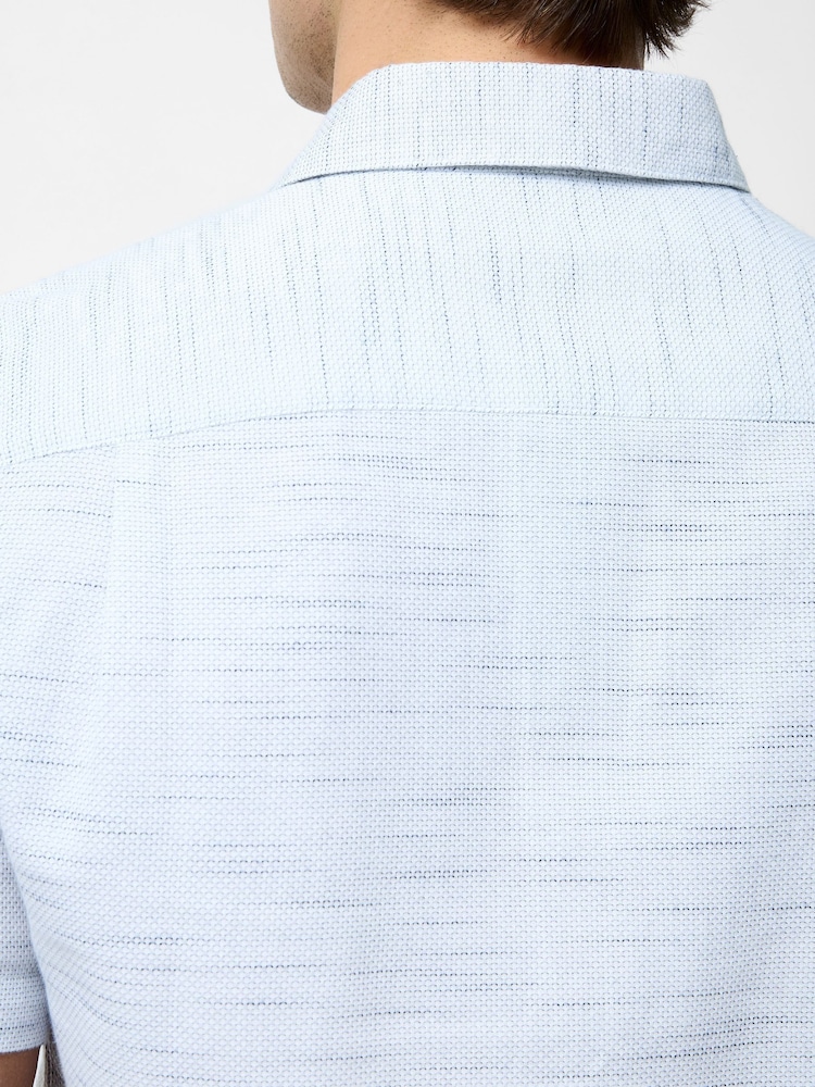 French Connection Blue 100% Cotton Waffle Style Short Sleeve Chest Pocket Button Up Shirt - Image 4 of 4