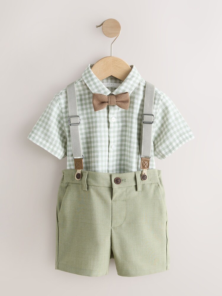 Sage Green Gingham Shirt Shorts Braces & Bow Tie Set (3mths-9yrs) - Image 1 of 5 Sage Green Gingham Shirt Shorts Braces & Bow Tie Set (3mths-9yrs) - Image 1 of 5