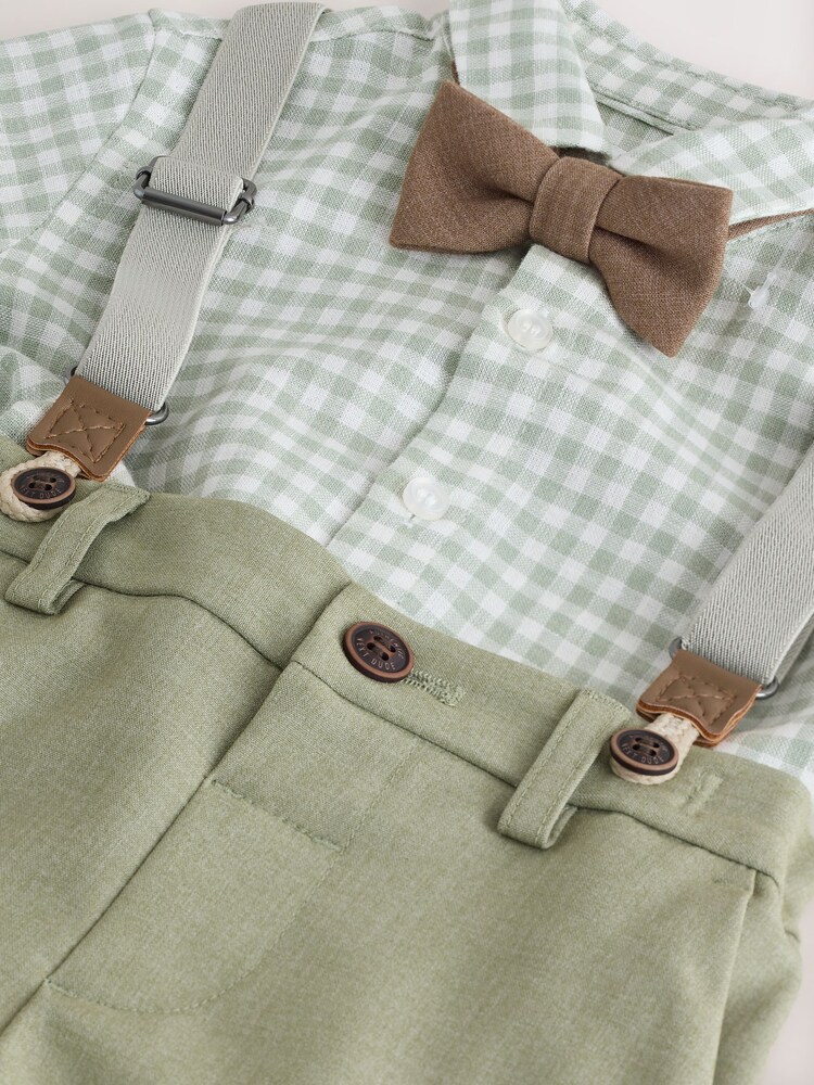 Sage Green Gingham Shirt Shorts Braces & Bow Tie Set (3mths-9yrs) - Image 2 of 5 Sage Green Gingham Shirt Shorts Braces & Bow Tie Set (3mths-9yrs) - Image 2 of 5