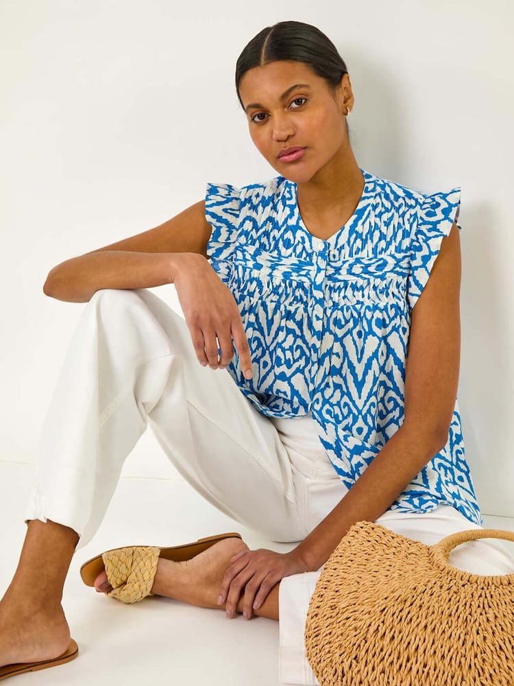 Roman Abstract Print Pleated Sleeve Blouse - Bild 1 von 5