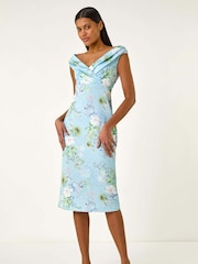 Roman Blue Off The Shoulder Floral Print Dress - Image 1 of 5