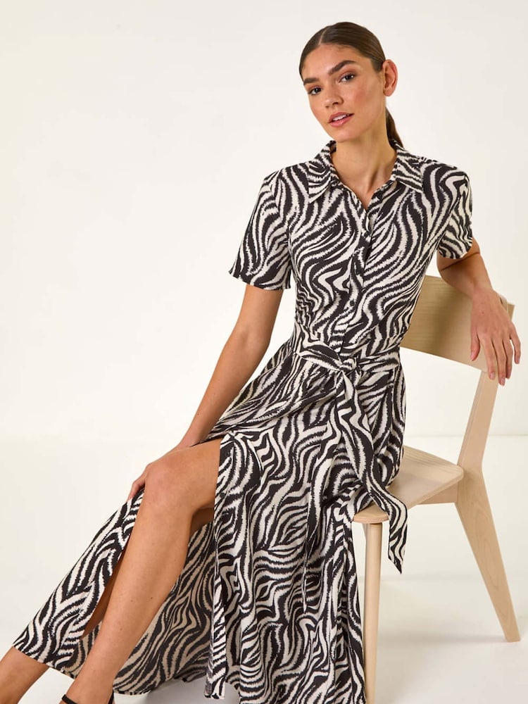 Roman Black Zebra Print Belted Shirt Dress - Image 1 of 5