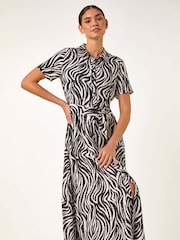 Roman Black Zebra Print Belted Shirt Dress - Image 4 of 5