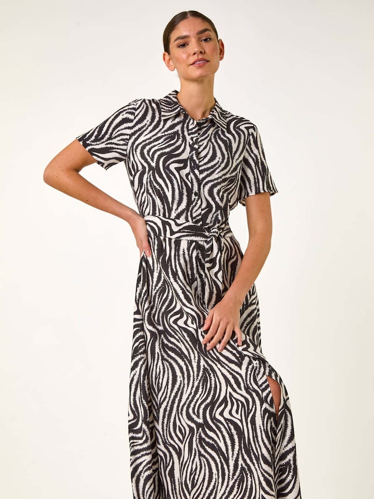 Roman Black Zebra Print Belted Shirt Dress - Image 4 of 5
